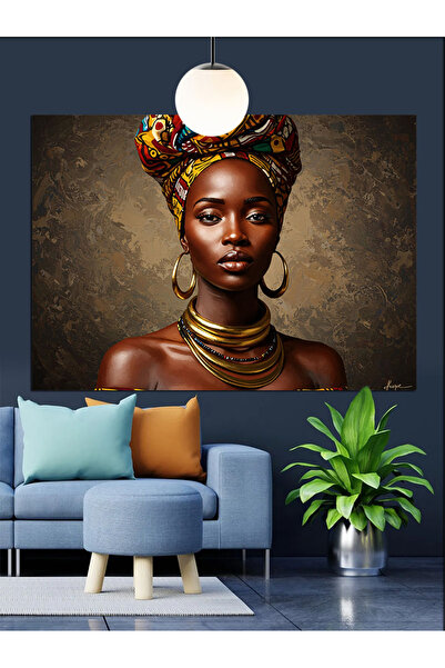 KanvasSepeti Femeie africană cu eșarfă colorată, pictură în ulei, texturată, pânză de înaltă calitate, pictură pe pânză 60 x 40 cm
