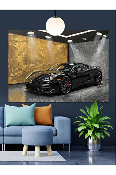 KanvasSepeti Pictură în ulei de mașină sport neagră în garaj, texturată, de î...