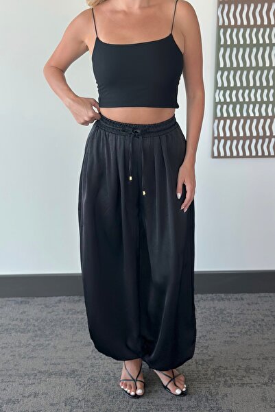 Laluvia Black Elastic Waist Satin Baggy Trousers - 51199