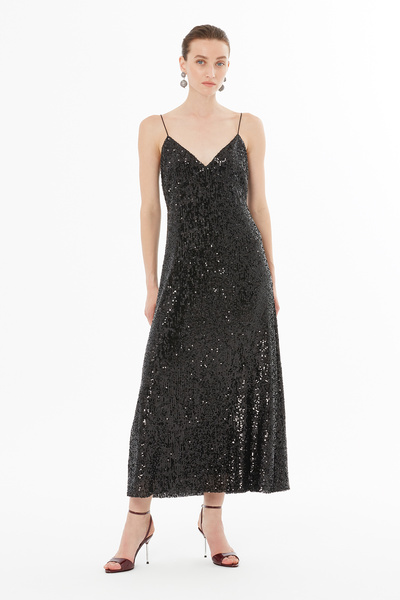 GİZİA İnce Askılı V Yaka Saten Elbise