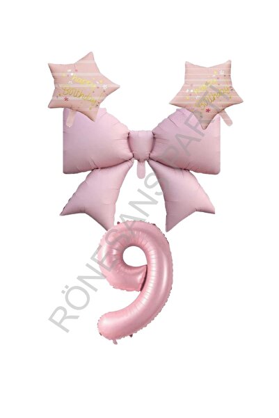 RÖNESANS PARTİ Pink Color Star Bow Number Foil Balloon Set Age 9