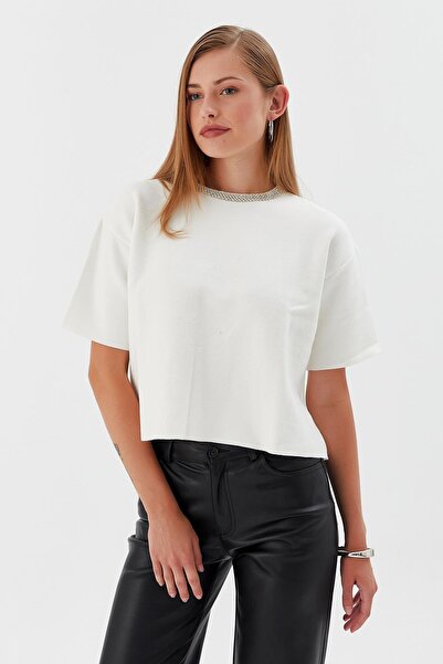 Shopping Shop Cream short sleeve knit sweater with stone embellished collar