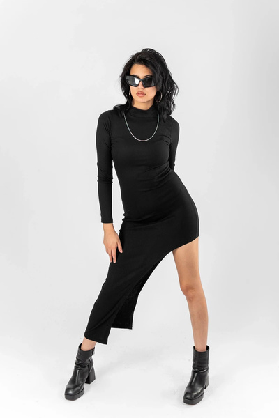 Bak Moda Rochie lungă neagră de bază cu detaliu de fante