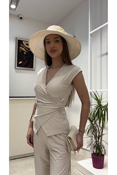 modadagiyim Μπλούζα με λαιμόκοψη σε σχήμα V και παντελόνι από ύφασμα σαντιάγο με ελαστική μέση, σετ 2 τεμαχίων