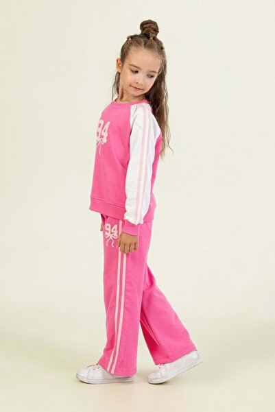ww waka waka kids store Girl's 94 Printed White Tracksuit Set – Pink Sleeves and Striped Model