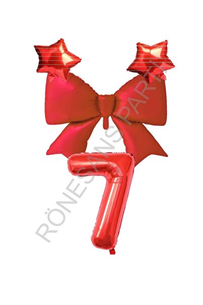 RÖNESANS PARTİ Red Color Star Bow Number Foil Balloon Set 7 Years Old