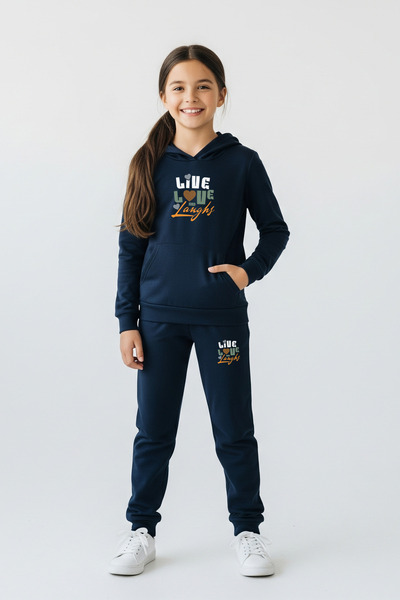 FYK COLLECTİON 3-Piece Girls' Hooded Kangaroo Pocket Printed Tracksuit Set