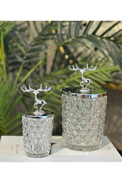 sahane & bazaar 2’Lİ METAL GEYİK DETAYLI KAPAK CAM KAVANOZ ŞEKERLİK VE AKSESUAR
