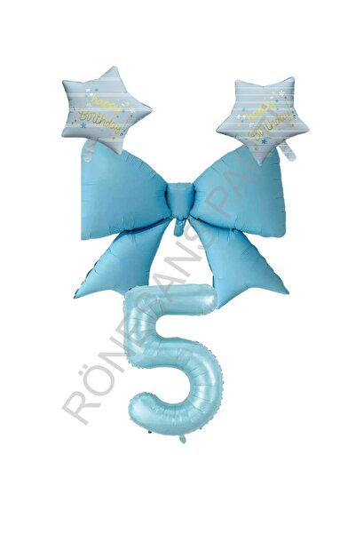 RÖNESANS PARTİ Blue Color Star Bow Number Foil Balloon Set Age 5