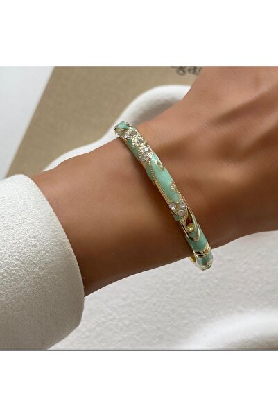 AychaAksesuar Çelik vip su yeşili altın yaldızlı taşlı mineli kelepçe bileklik