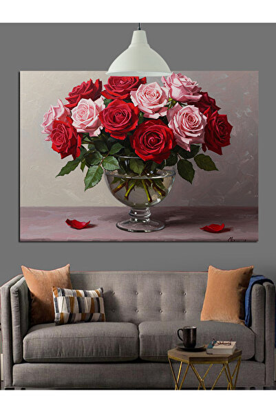 KanvasSepeti Trandafiri roșii în vază Pictură decorativă în ulei Texturată Pâ...