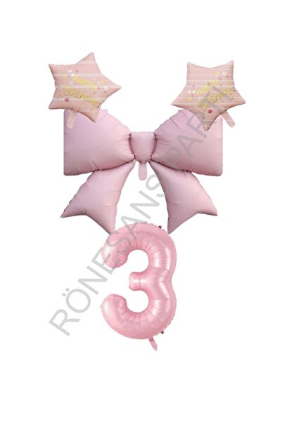 RÖNESANS PARTİ Pink Color Star Bow Number Foil Balloon Set 3 Years Old
