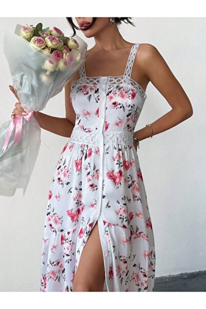 mass fashion Kadın Dantel Detaylı Çicek Desenli Elbise
