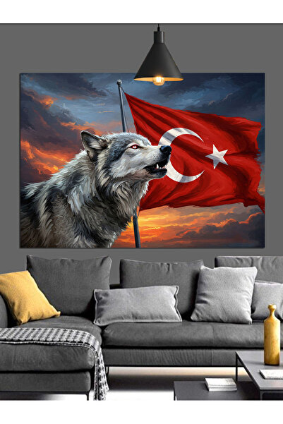 karizmart Türk Bayrağı Önünde Kurt Dekoratif Kanvas - Mdf Ahşap Tablo