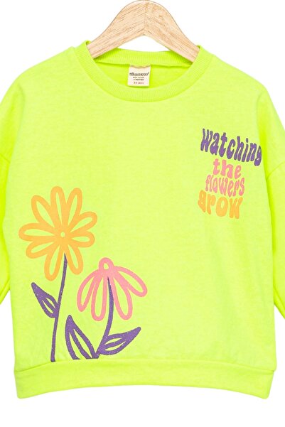 Divonette Girl's Sweatshirt Highlighter Green Long Sleeve Children's Sweatshirt with Lettering and Floral Pattern