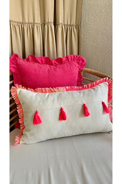 Decamor home Ecru Pink Tasseled Throw Pillow Cover 1 Piece