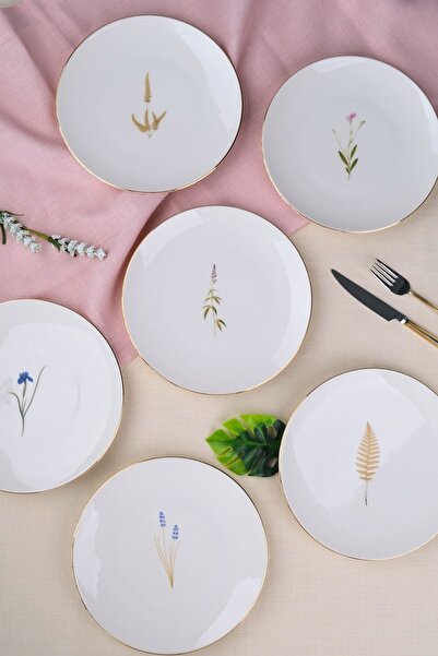 tabakevi Tabak Evi Porcelain Natura Mixed Gold Gilded Cake Plate 20.50cm Set of 6