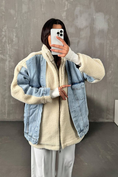 CİDDE Palton de miel cu garnitură din denim pentru femei