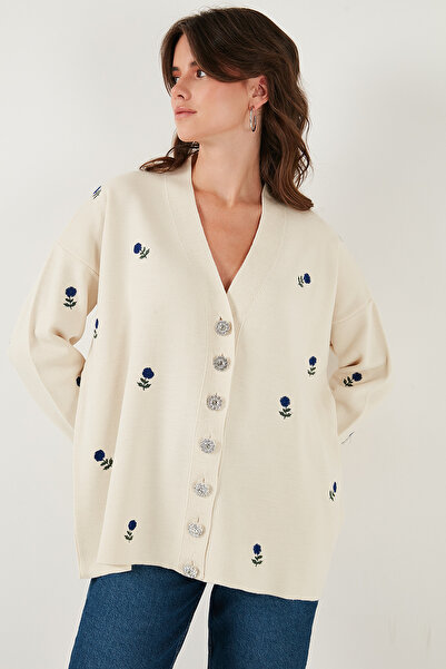 Lela Oversize Fit Patterned V-Neck Knitwear Cardigan Cardigan 4616193