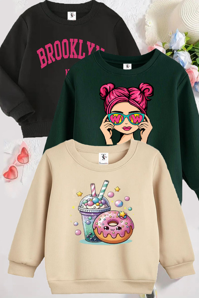 twins tailors سويت شيرت للفتيات من Wow Girl وبروكلين مطبوع باللون الأخضر والأ...