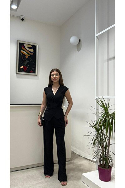 modadagiyim V-Neck Blouse and Palazzo Elastic Waist Sandy Fabric Pants Bottom Top 2-Piece Set