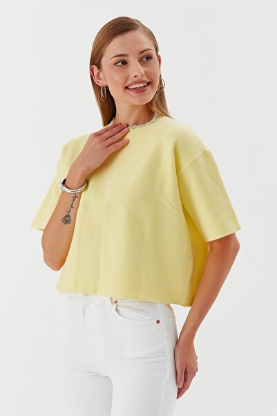 Shopping Shop Yakası Taşlı Kısa Kol Triko Kazak SARI