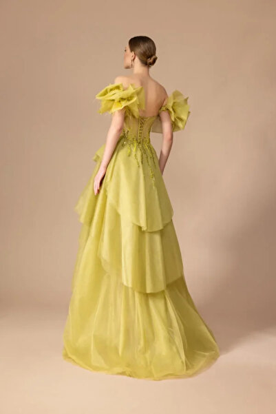 Kenzel İşleme Detaylı Kabarık Uzun Elbise