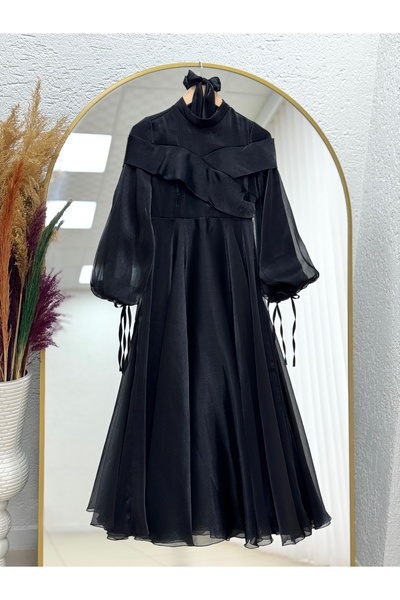 BENAHOLL Yelora Dekolteli Kolu İpli Janjan Abiye-PA9476 Siyah