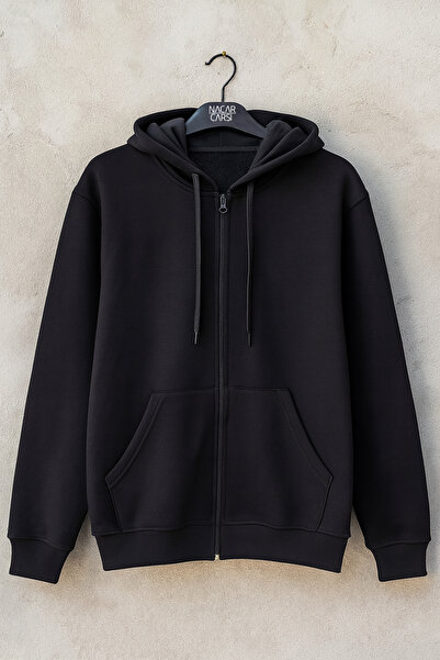 nacar çarşı Unisex Black 2 Thread Compact Combed Cotton Lycra Zippered Hooded...