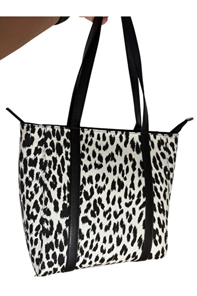 Pinkylola Balet Model Siyah Beyaz Leopar denim ,Siyah Sap Detaylı suni deri Omuz Çantası(ASTARSIZ)