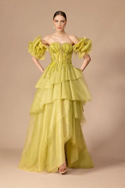 Kenzel İşleme Detaylı Kabarık Uzun Elbise