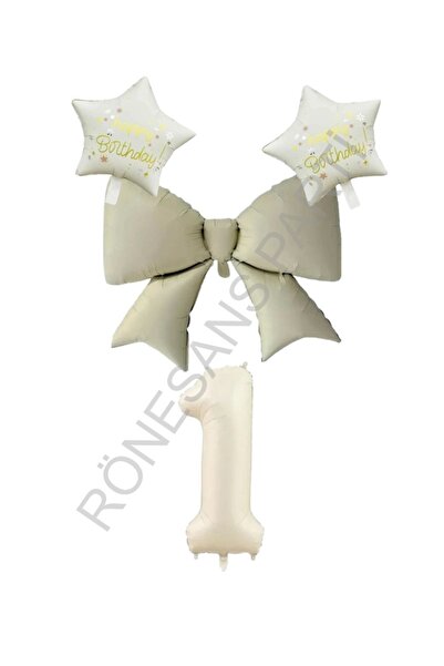 RÖNESANS PARTİ Cream Color Star Bow Number Foil Balloon Set Age 9