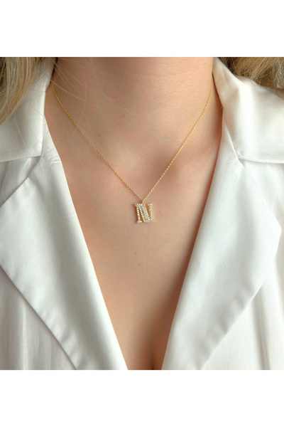 Şimal Silver 925 Ayar Gümüş Altın Kaplamalı Baget Taşlı - N - Harfi Kolye