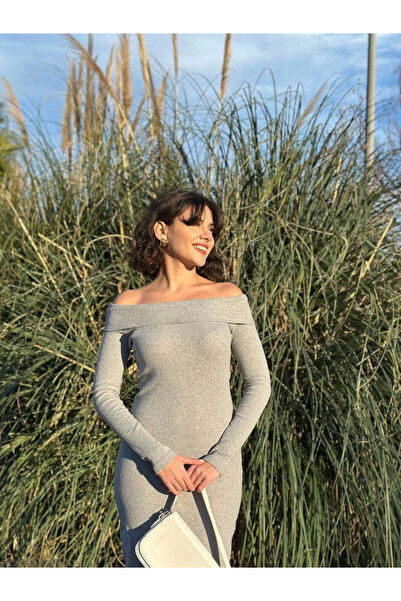 Zerenyus Μακρύ φόρεμα με γιακά Madonna από ύφασμα σε γκρι χρώμα