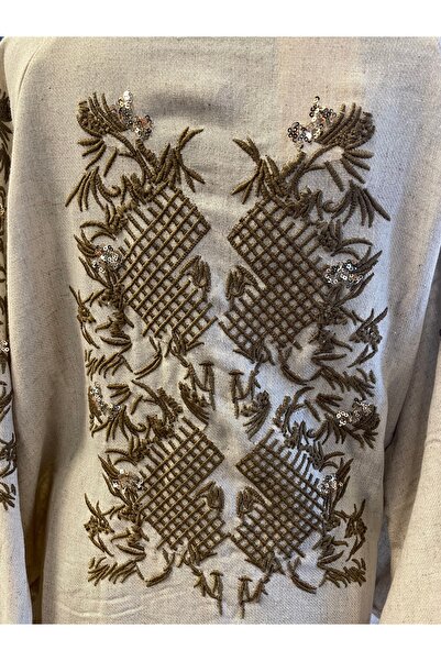 Forever Women's Stone Embroidered Embroidered Linen Long Sleeve Kimono