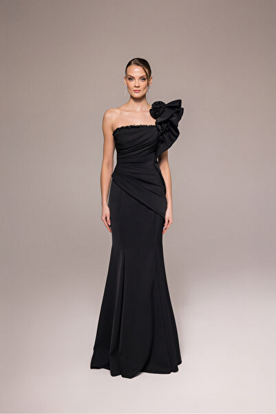 Kenzel Tek Omuzlu Gül Detaylı Drapeli Balık Abiye Elbise