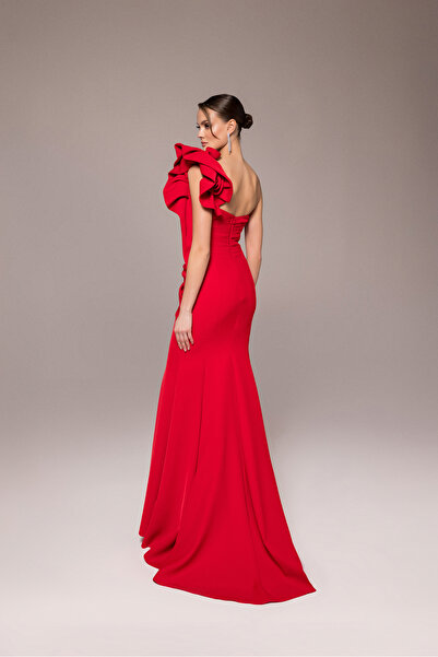 Kenzel Tek Omuzlu Gül Detaylı Drapeli Balık Abiye Elbise