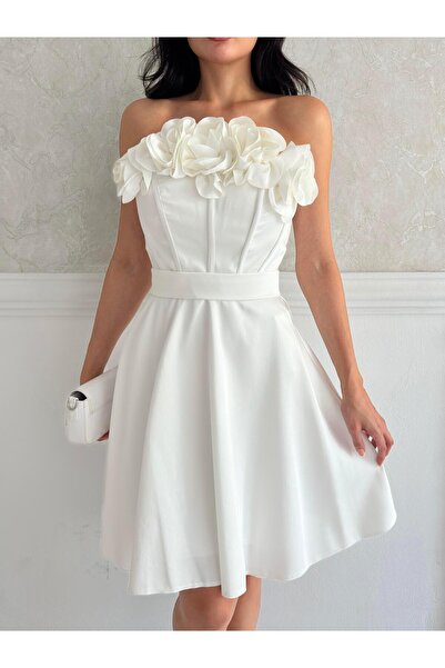 Serica Moda Λευκό Στράπλες Μίνι Σατέν Βραδινό Φόρεμα