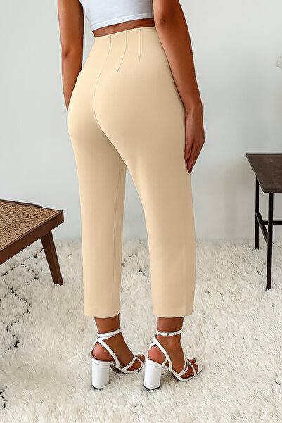 Deafox Beige Women's High Waist Slim Fit Zippered Crepe Fabric Trousers