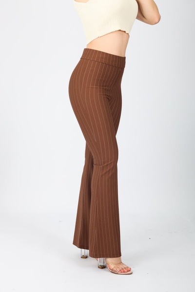 vikitekno Women's High Waist Lycra Spanish Leg Striped Crepe Trousers