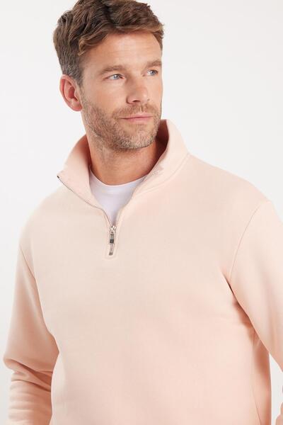 Tudors Φούτερ Unisex Relax Fit Άνετο Κομμένο Βαμβακερό Φλις με μισό φερμουάρ και γιακά σομόν