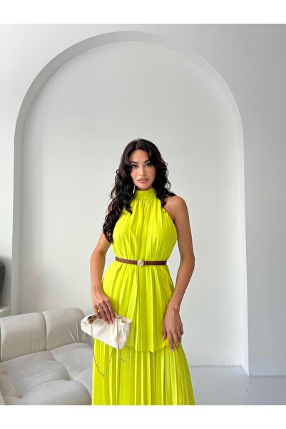 Serica Moda Yellow Pleated Halter Neck Belted Dress