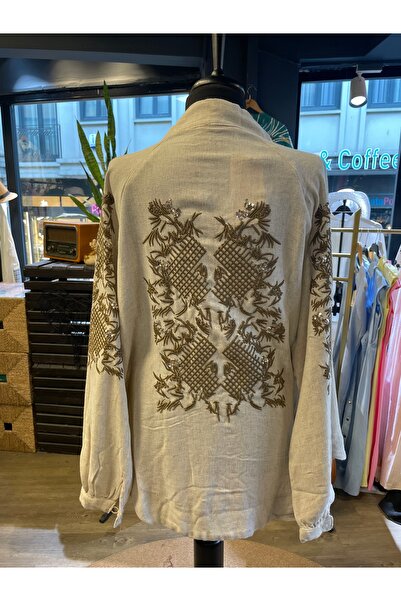 Forever Women's Stone Embroidered Embroidered Linen Long Sleeve Kimono