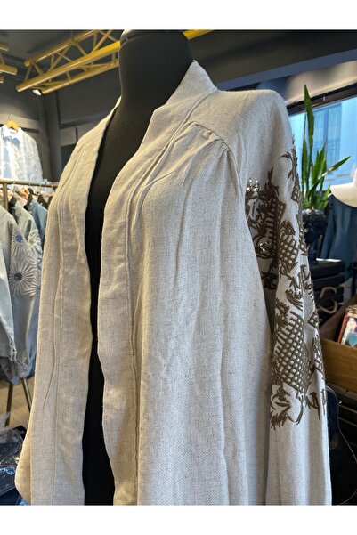 Forever Women's Stone Embroidered Embroidered Linen Long Sleeve Kimono