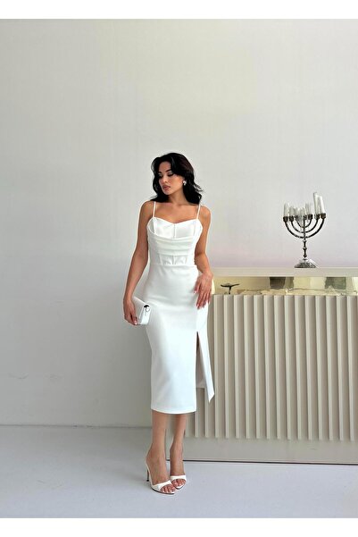 Serica Moda Beyaz İnce Askılı Drape Detaylı Midi Abiye Elbise