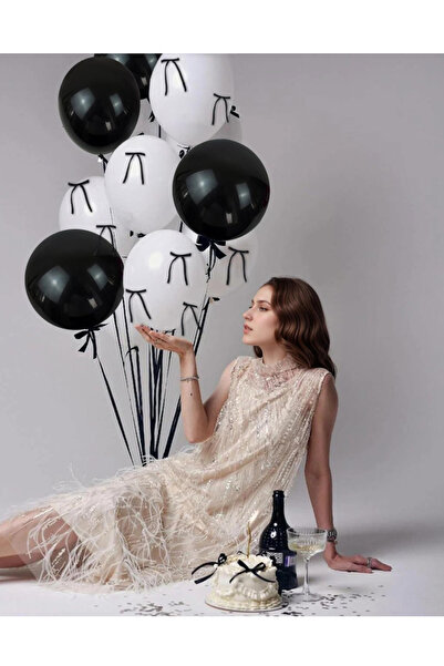 Çemrek Süs Parti حزمة بالونات سوداء وبيضاء بفيونكة سوداء 10 قطع