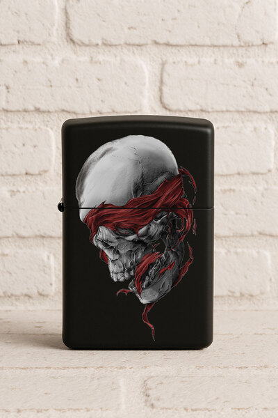 Cekuonline UV Baskılı Desenli Metal Benzinli Siyah Çakmak Cep Çakmağı - Kafatası