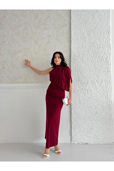 Serica Moda Burgundy One Shoulder High Neck Detail Dress