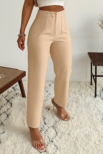 Deafox Beige Women's High Waist Slim Fit Zippered Crepe Fabric Trousers