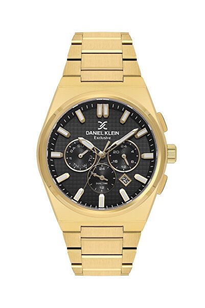 Daniel Klein Gold Altın Siyah Mikro Kare Desenli Takvimli Fosforlu Çelik Kord...